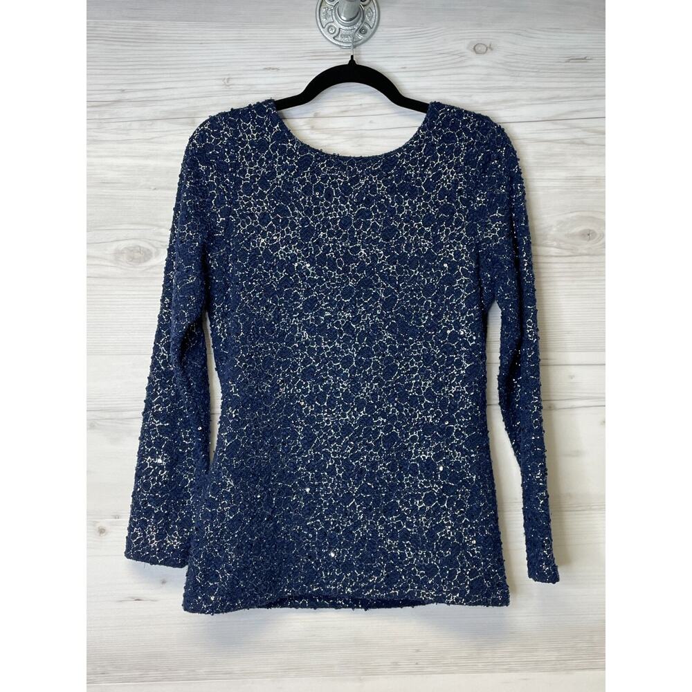 Jennifer Lopez Womens Blue Metallic Sequin Knit Long Sleeve Top Blouse Size M